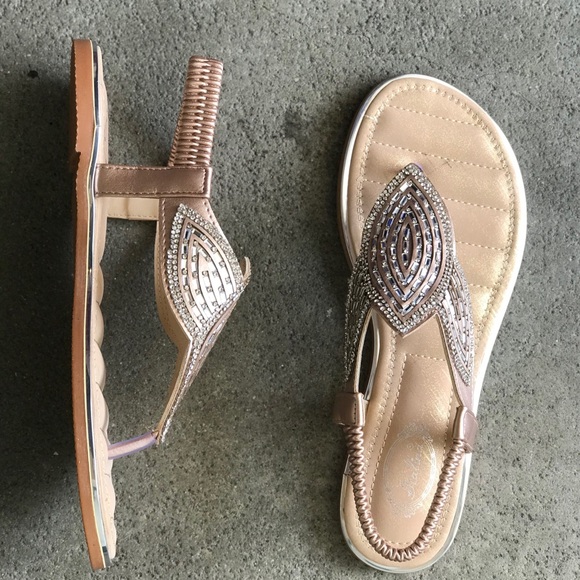 Italina Champagne Art Deco Rhinestone Embellished Flat Thong Slingback Sandal - Picture 3 of 10